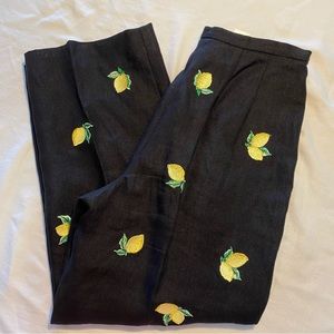 Talbots Black Irish Linen With Embroidered Lemons Cropped Pants Size 4P